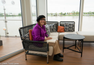 Linda learns lunch is almost ready in the lounge on the Viking Forseti. (Some meal or snack is ALWAYS almost ready on the boat.)