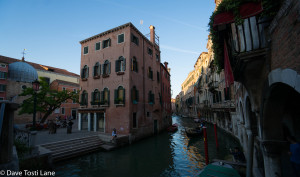 Small canal and piazza on the way to dinner Sunday night .