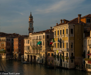 Late evening sun from the Rialto Bridge. Our hotel is in the extreme right side of the image.