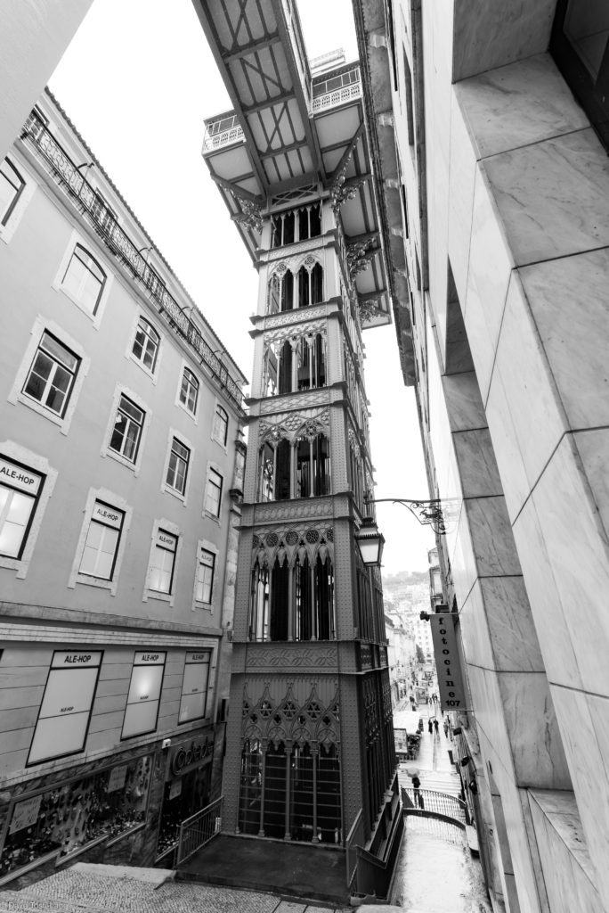 One of the Elevadors sprinkled through Lisbon - this is the Elevador de Santa Justa. We rode it up to the top, but the rooftop viewing area was closed because of the heavy rain. Still we got a great view, and wandered in the upper level old city above.