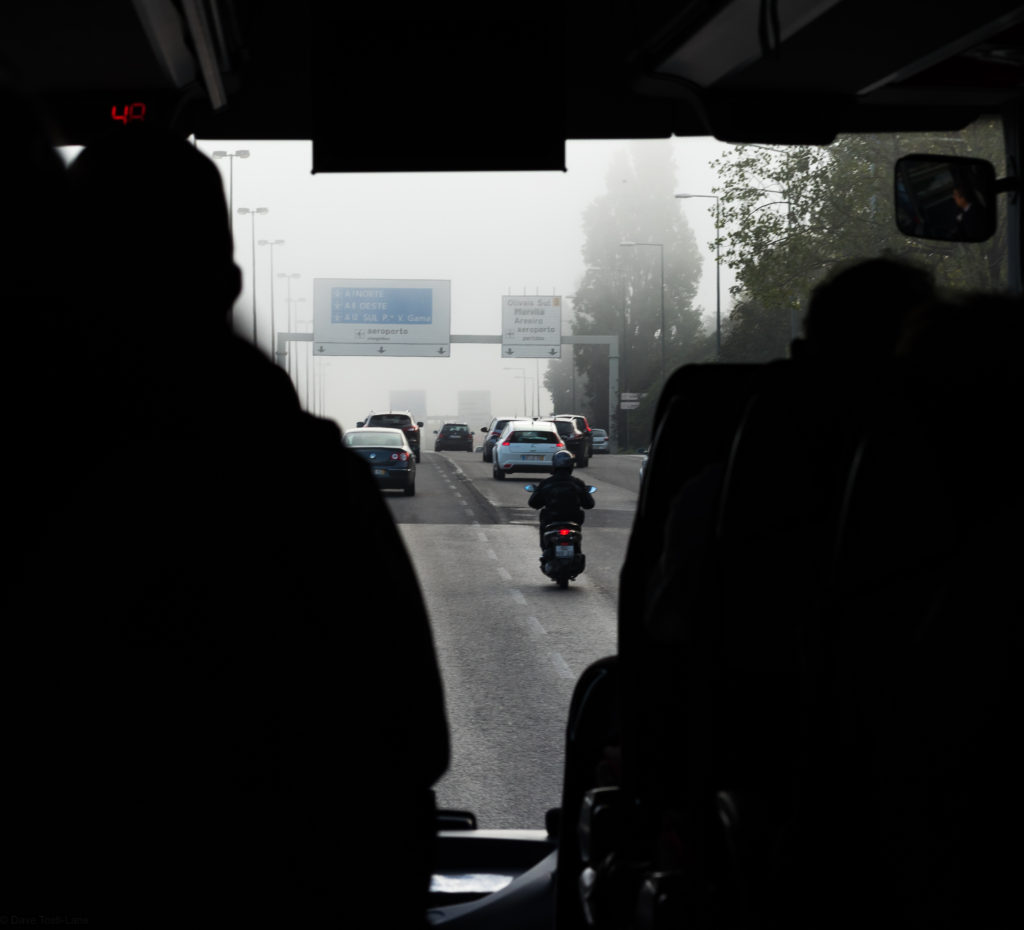 Foggy day to start, turning into a beautiful sunny day on the way - here we are in Lisbon rush-hour traffic.